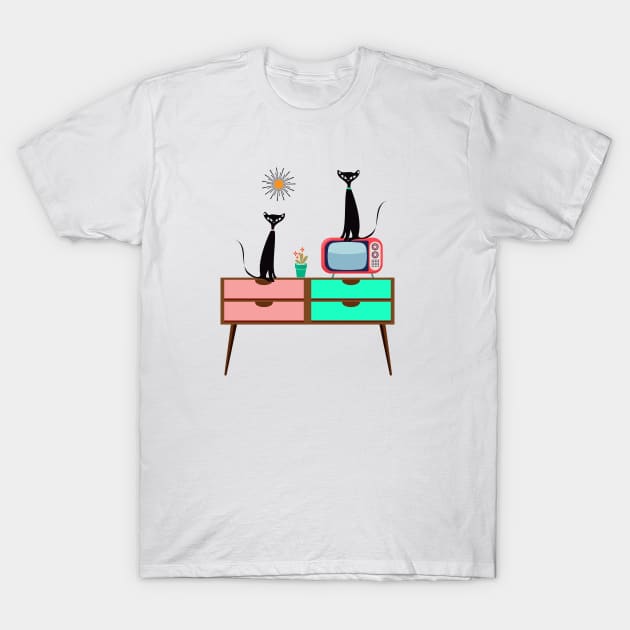 Mid Century Cats Sitting on a Retro TV Table T-Shirt by Lisa Williams Design